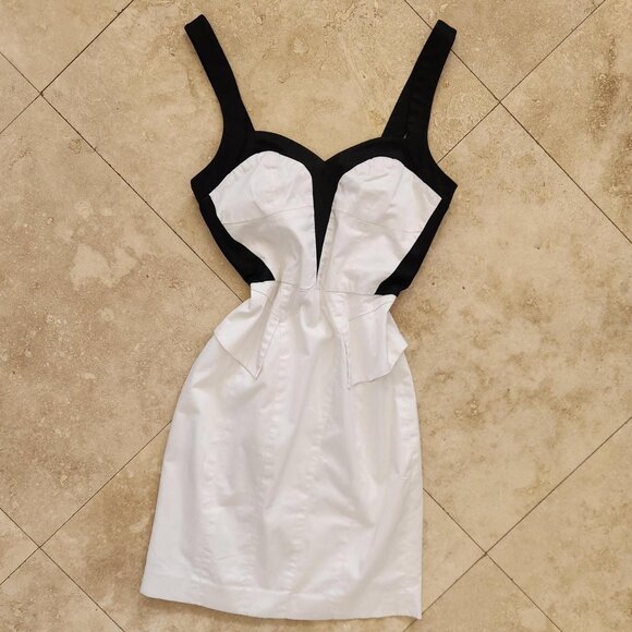 Bebe Sz 4 Black White Monochrome Sweetheart Neckline Peplum Dress Club Party Out - Picture 1 of 14